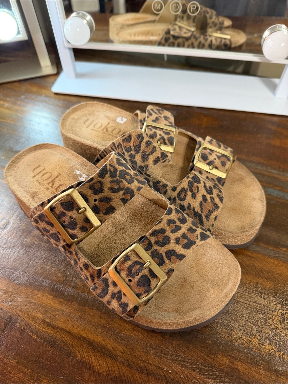 Yokono Women’s Leopard Print Double-Buckle Slide Sandals Size 7.5